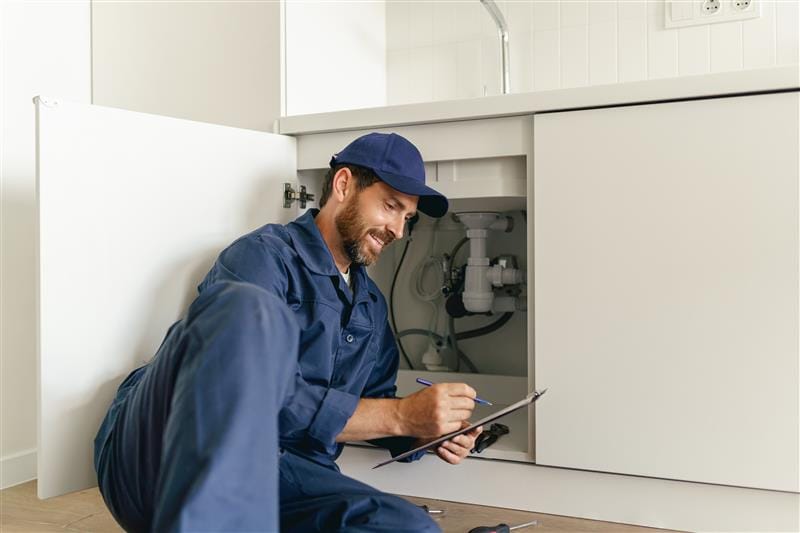 Residential plumber reviewing plumbing repairs in a Palm Bay kitchen