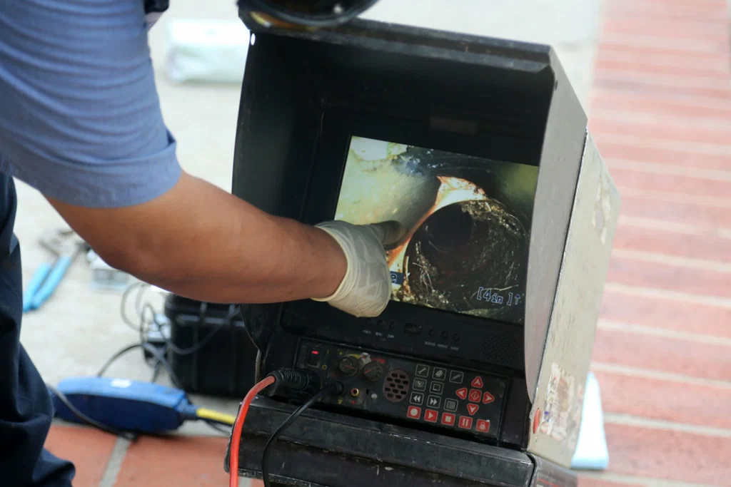Technician viewing a drain inspection camera in Palm Bay