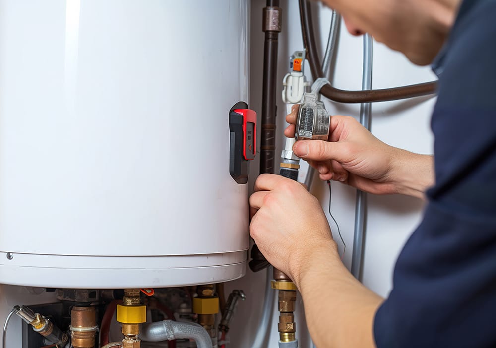 Technician repairing pipes connected to a water heater in Palm Bay